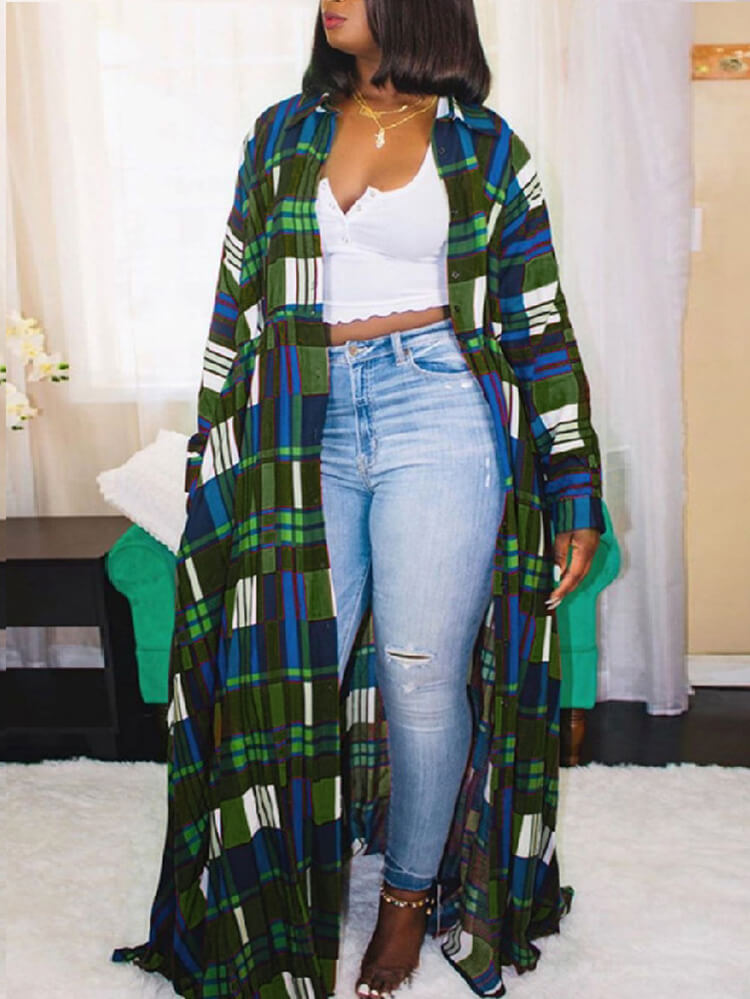 Long Sleeve Plaid Print Bodycon Long Shirts Tiynon