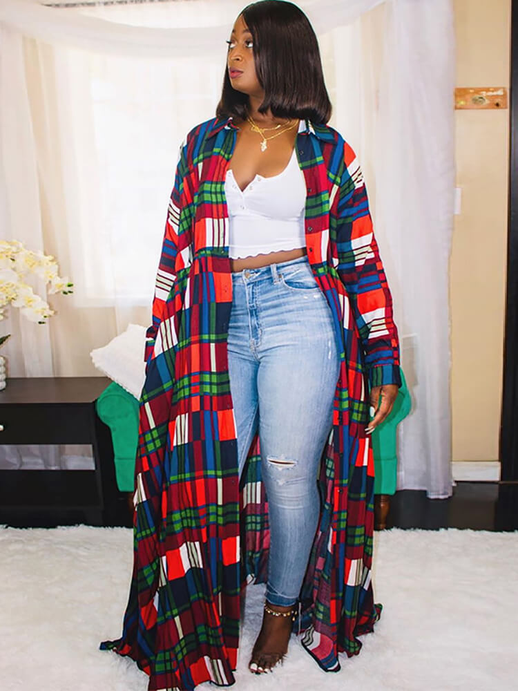 Long Sleeve Plaid Print Bodycon Long Shirts Tiynon