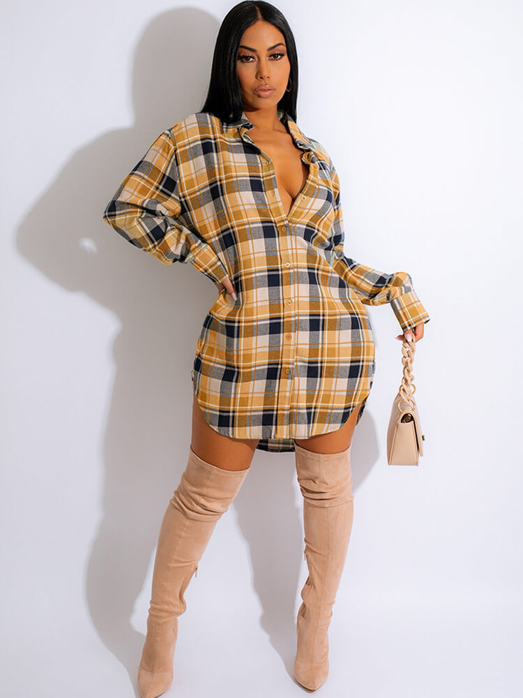 Long Sleeve Plaid Print Mini Dresses Blouse Tiynon