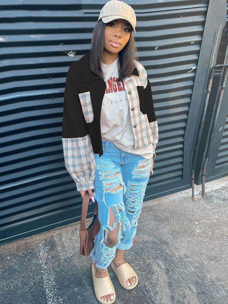 Long Sleeve Plaid Print Patchwork Blouse Tiynon