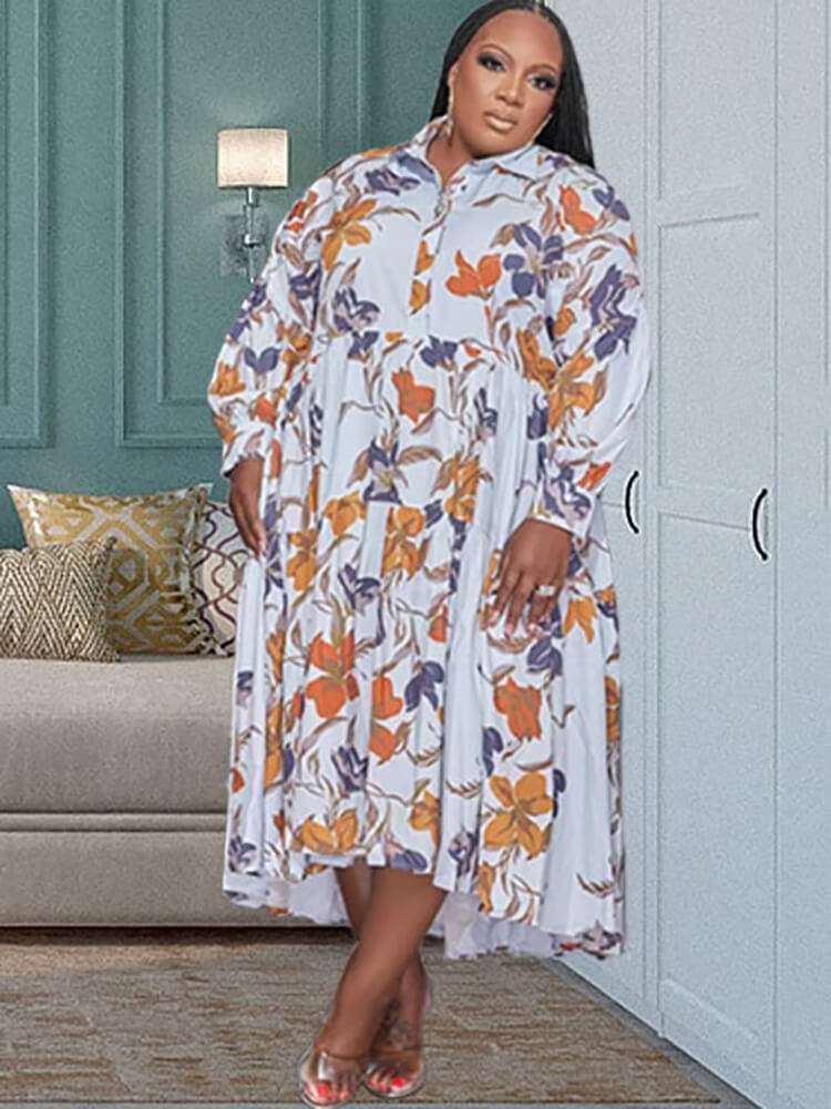 Long Sleeve Printed Colorful Midi Dresses Tiynon