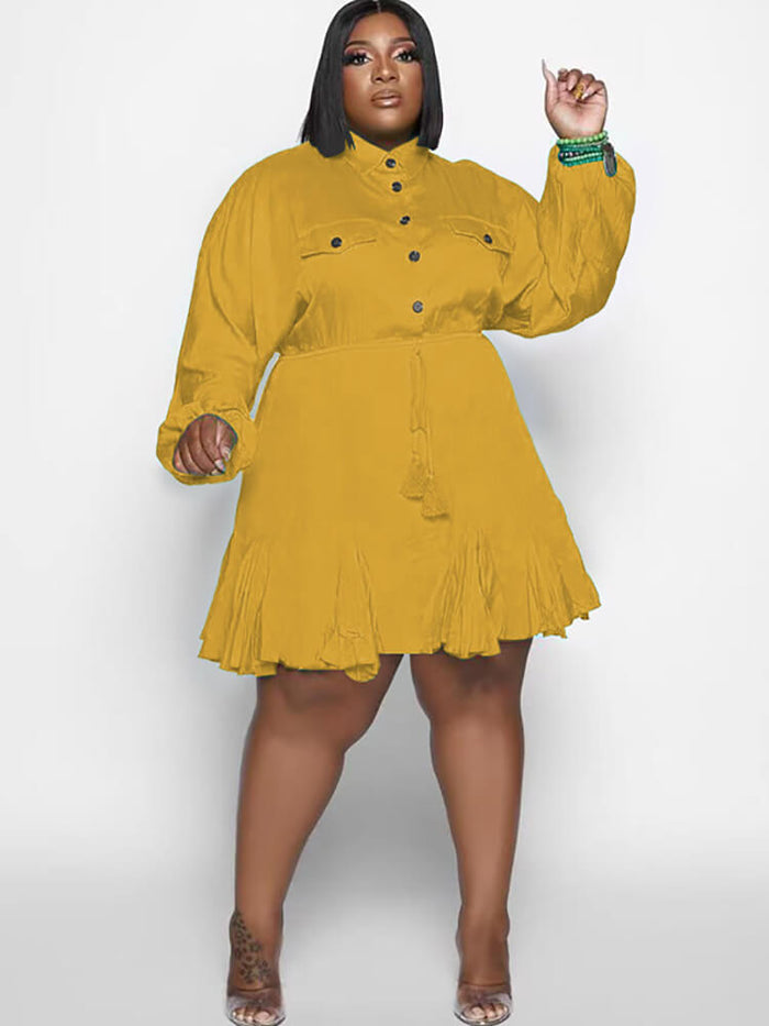 Long Sleeve Solid Color Ruffle Mini Dresses Tiynon