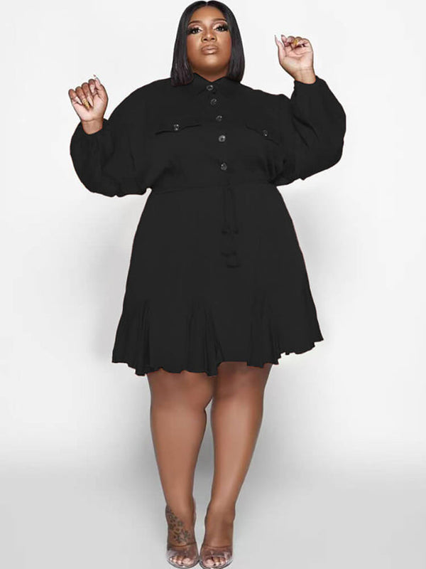 Long Sleeve Solid Color Ruffle Mini Dresses Tiynon