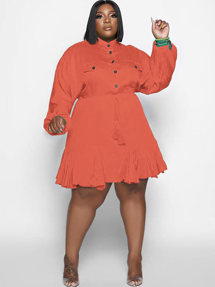 Long Sleeve Solid Color Ruffle Mini Dresses Tiynon