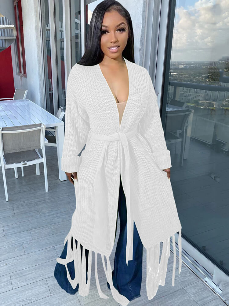 Long Sleeve Solid Color Tassel Cardigan Tiynon
