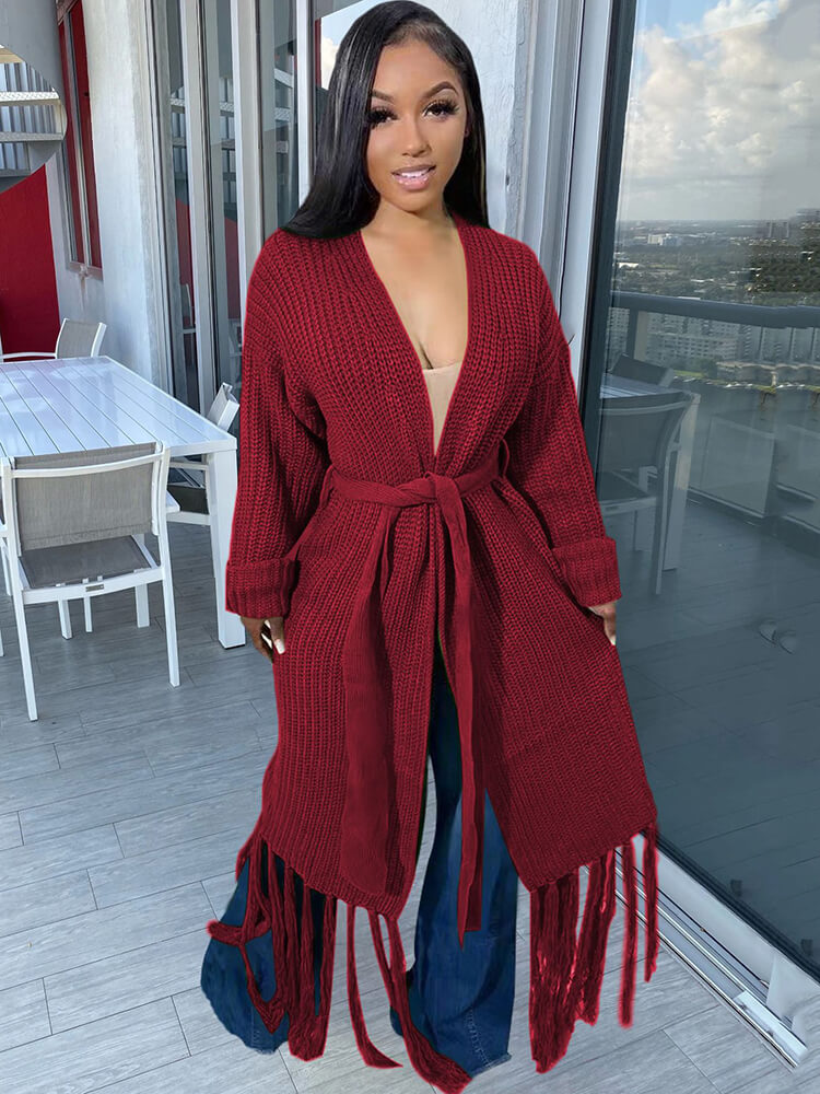 Long Sleeve Solid Color Tassel Cardigan Tiynon