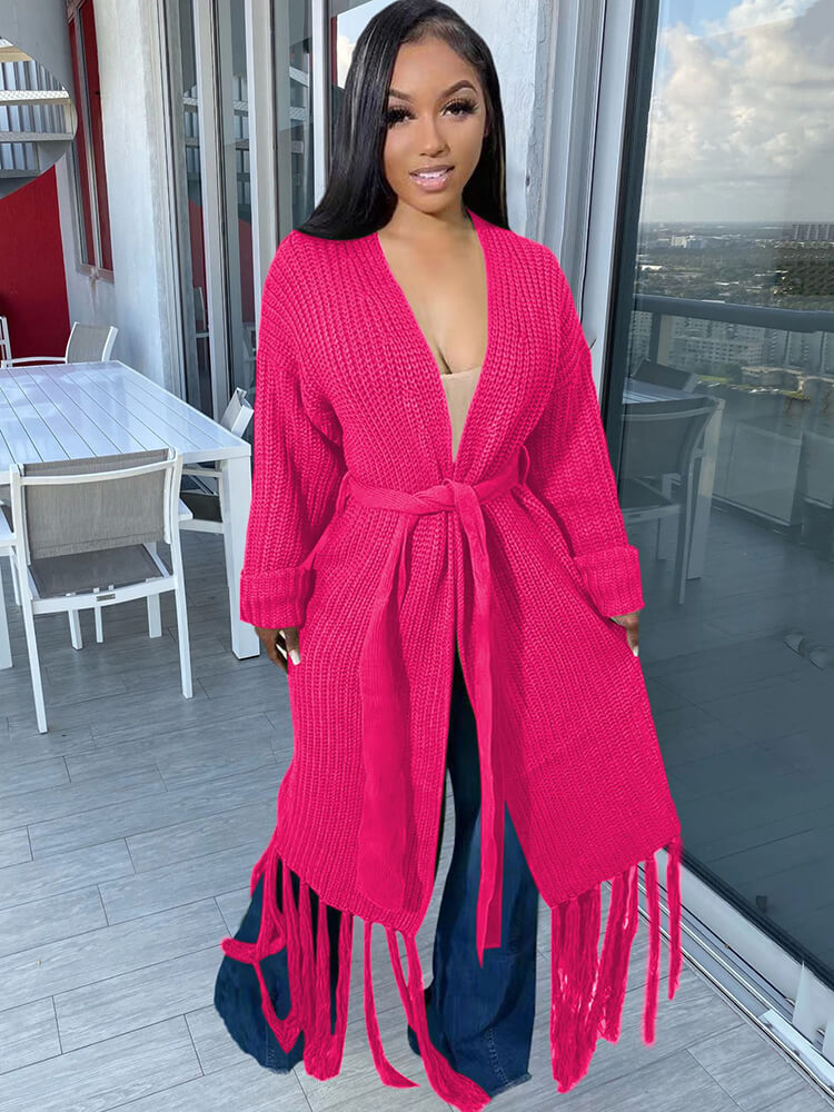 Long Sleeve Solid Color Tassel Cardigan Tiynon