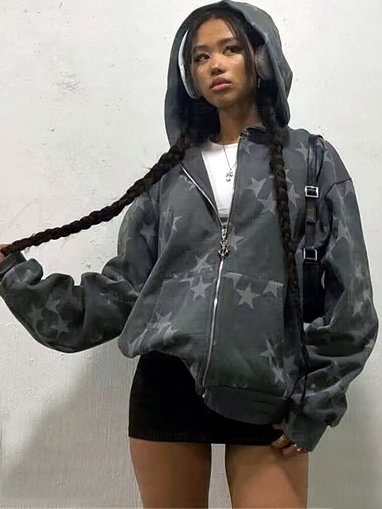 Long Sleeve Star Print Zip Up Jackets Tiynon