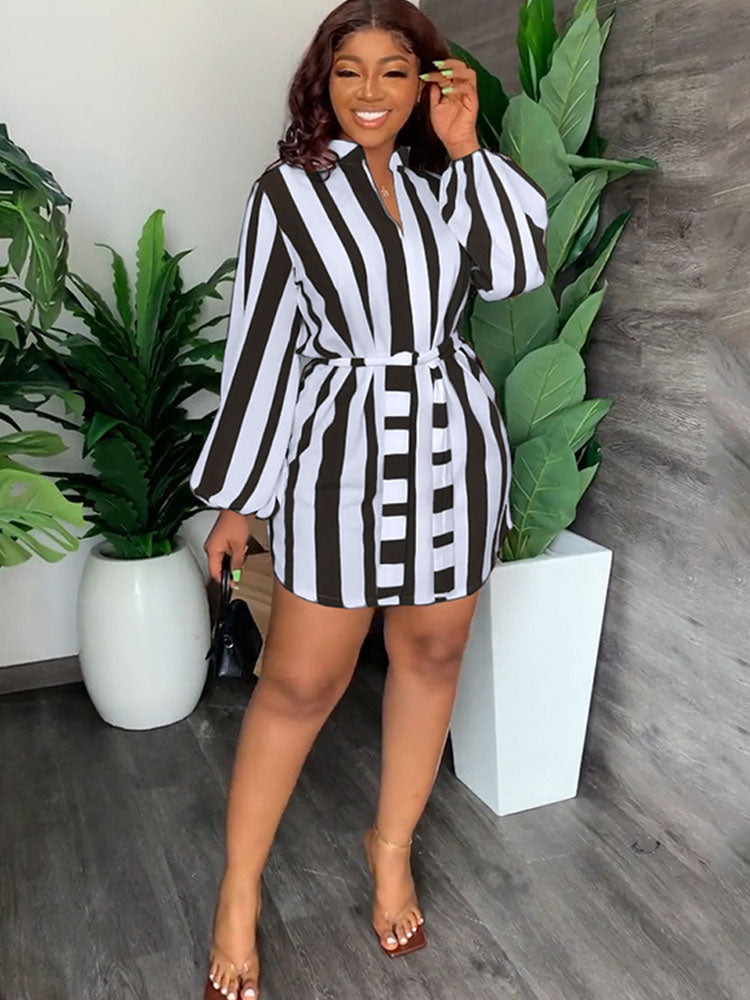 Long Sleeve Striped Belted Mini Dresses Tiynon