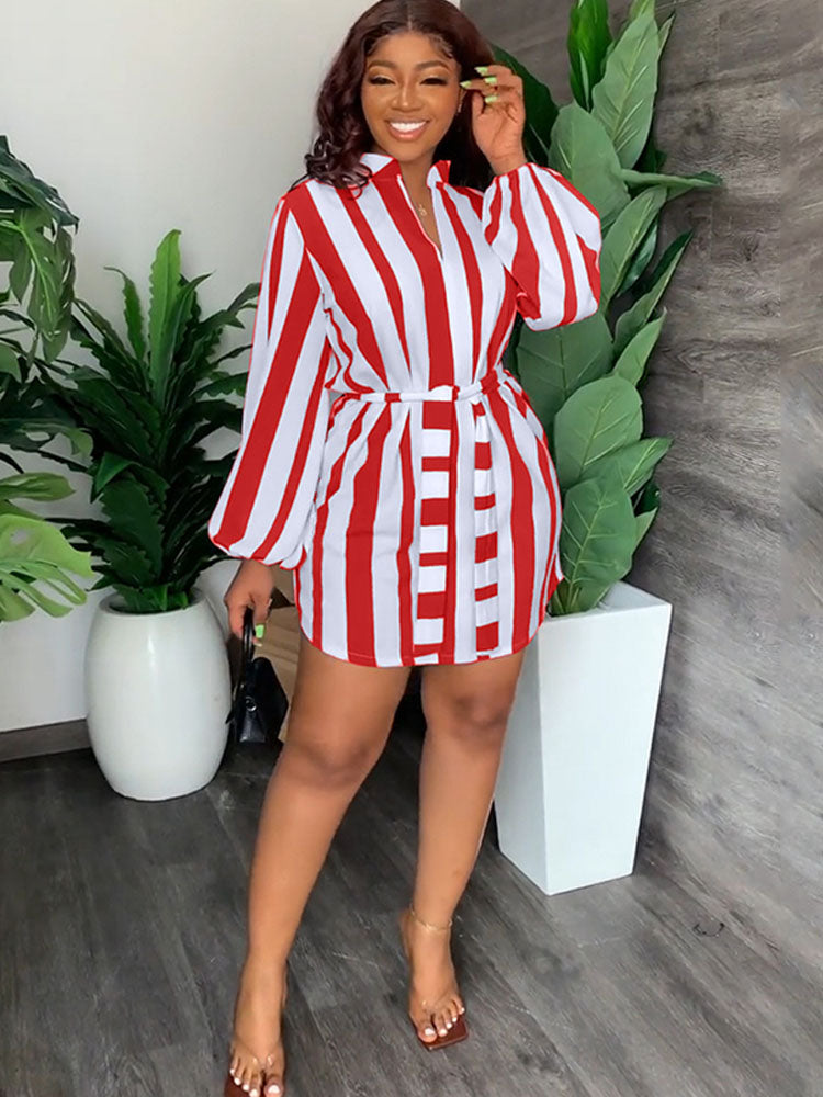 Long Sleeve Striped Belted Mini Dresses Tiynon