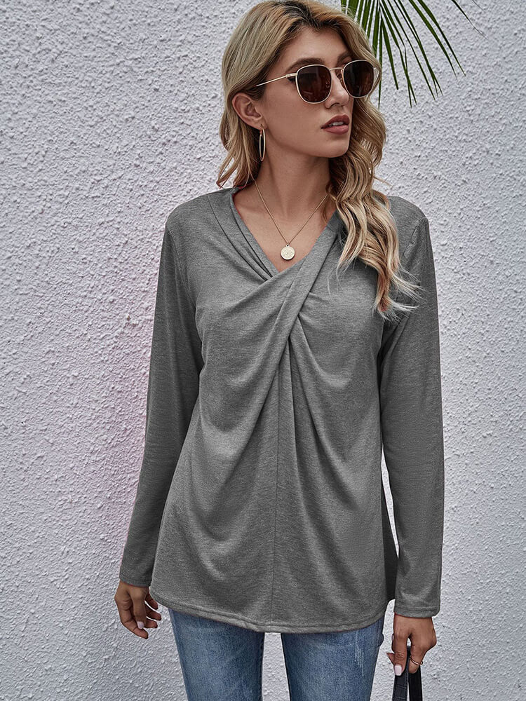 Long Sleeve V Neck Knot Twist Front Top Tiynon