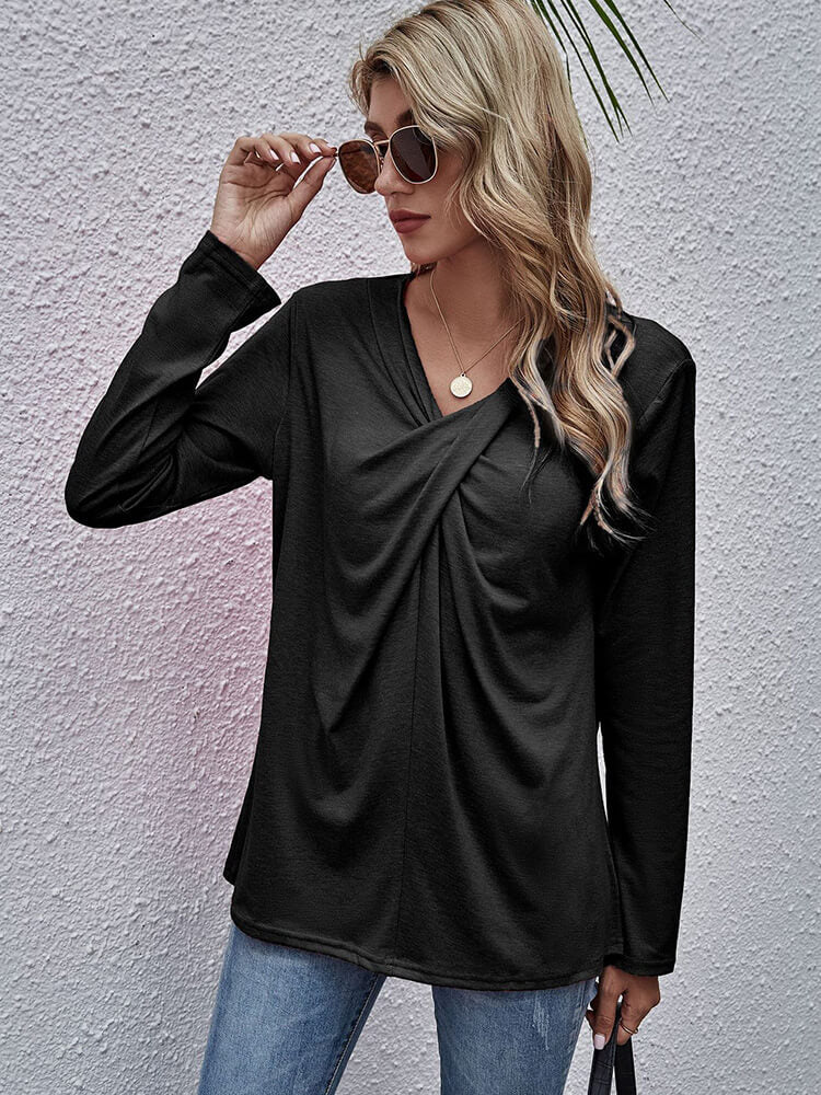 Long Sleeve V Neck Knot Twist Front Top Tiynon