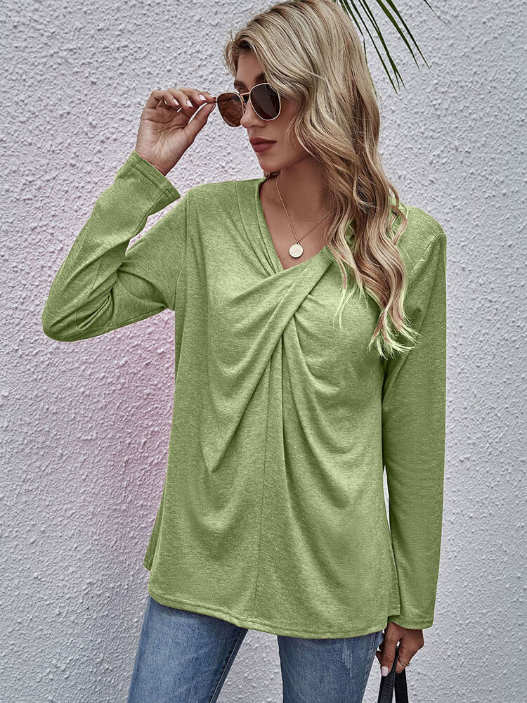 Long Sleeve V Neck Knot Twist Front Top Tiynon