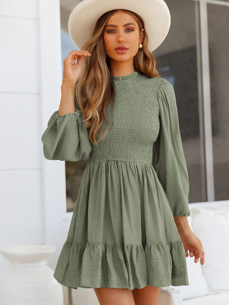 Long Sleeves Crew Neck Ruffle Zipper Mini Dresses Tiynon