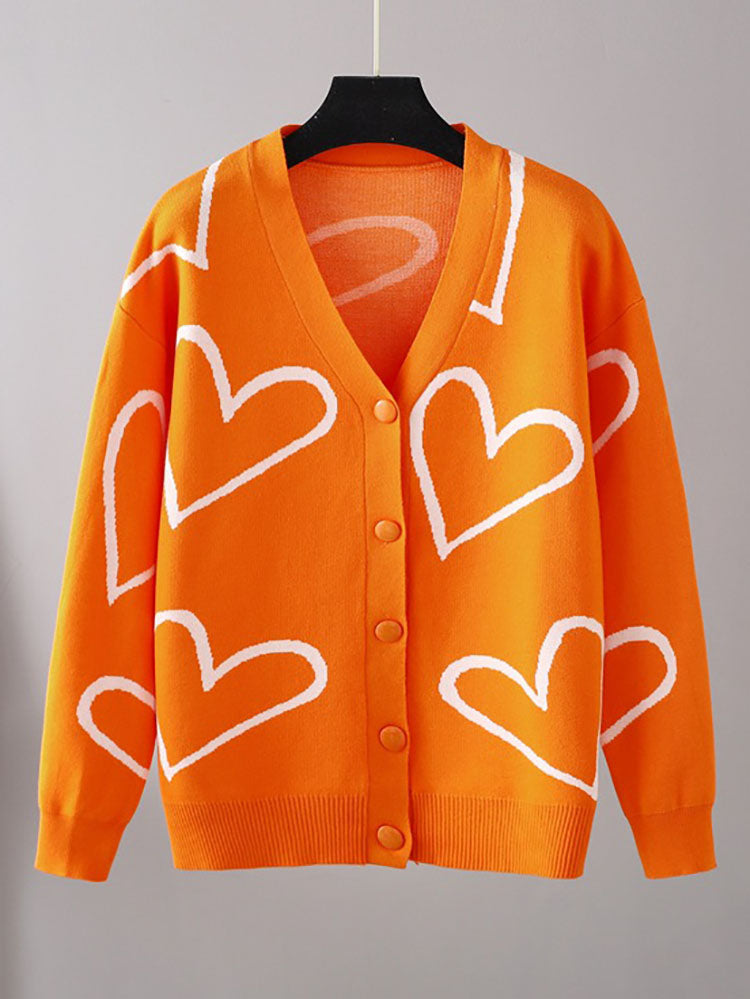 Long Sleeves Heart Print Ribbed Knit Coats Tiynon