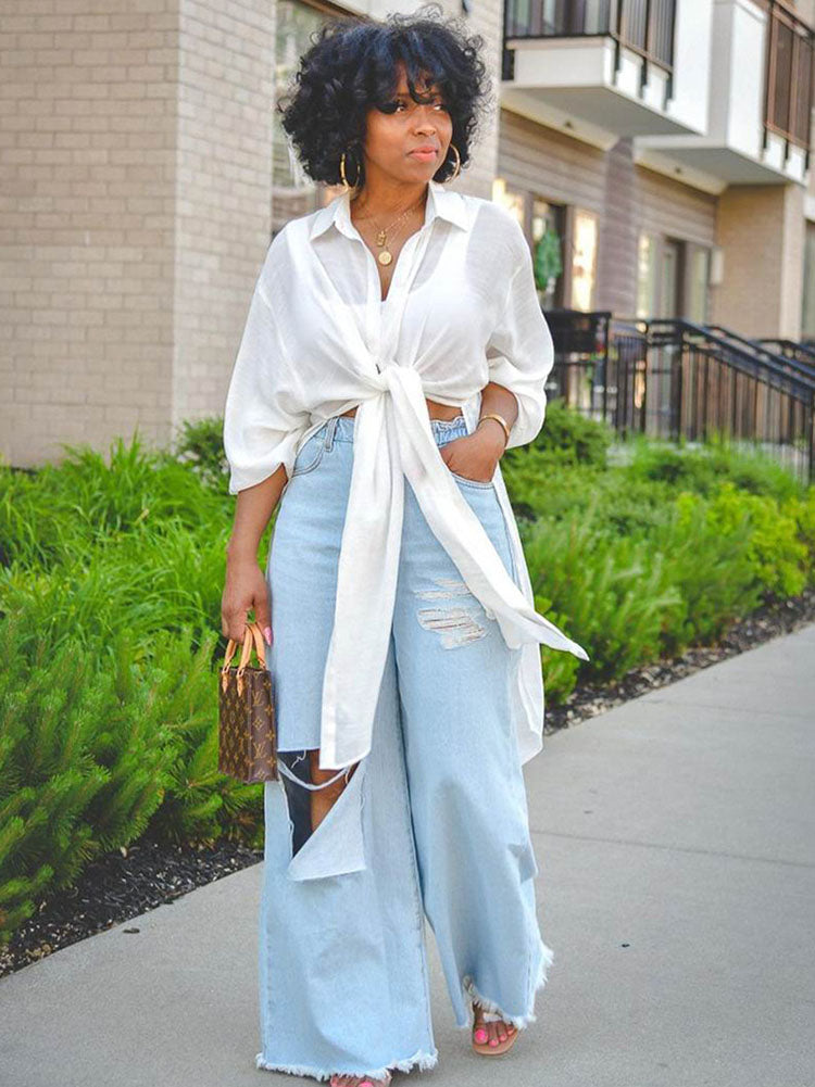 Long Sleeves Knot Front Asymmetrical Shirts Tiynon