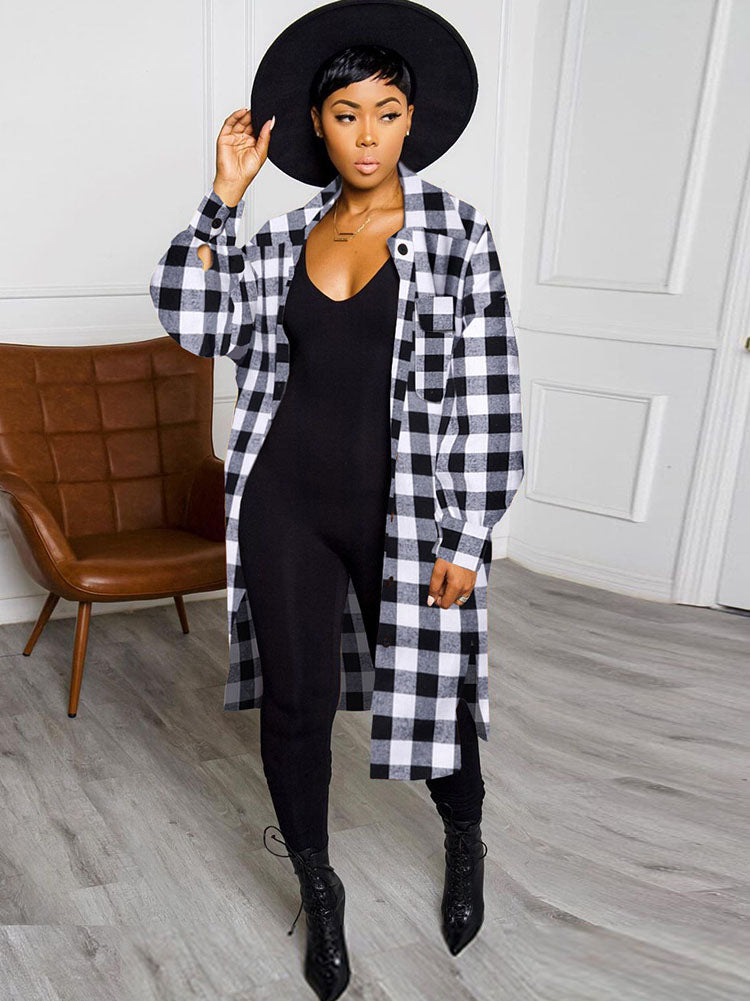 Long Sleeves Lapel Plaid Print Long Coats Tiynon