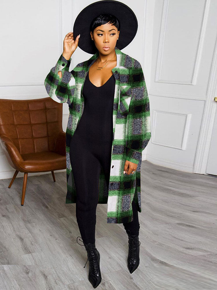 Long Sleeves Lapel Plaid Print Long Coats Tiynon