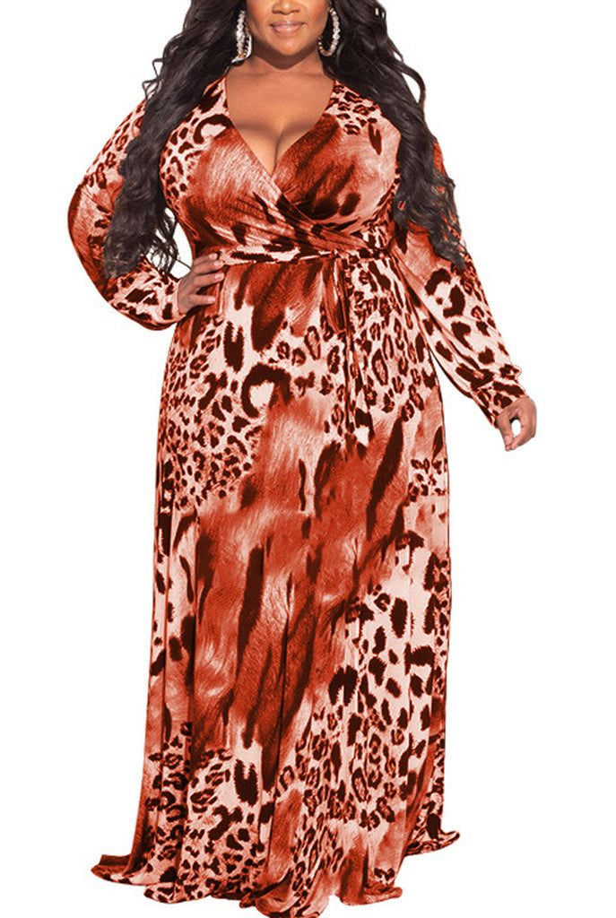 Long Sleeves Leopard Print Maxi Dresses Tiynon