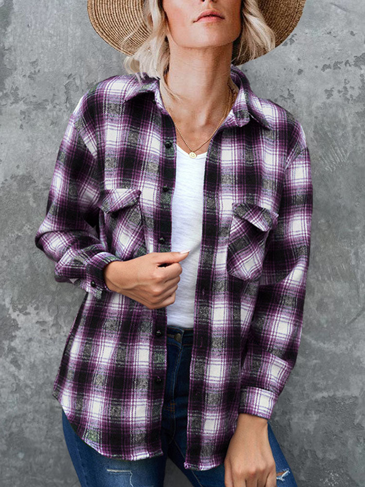 Long Sleeves Plaid Print Button Shirts Tiynon