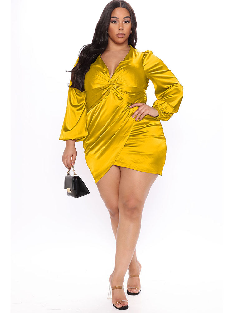 Long Sleeves Satin Asymmetrical Hem Mini Dresses Tiynon