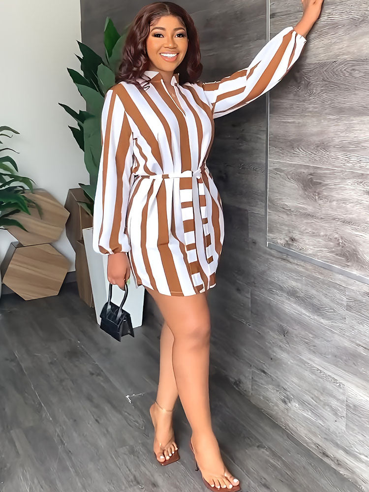 Long Sleeves Striped Print Mini Dresses Tiynon