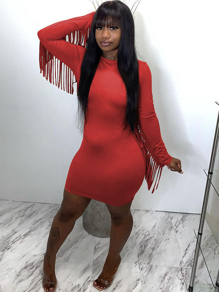 Long Sleeves Tassels Bodycon Mini Dresses Tiynon