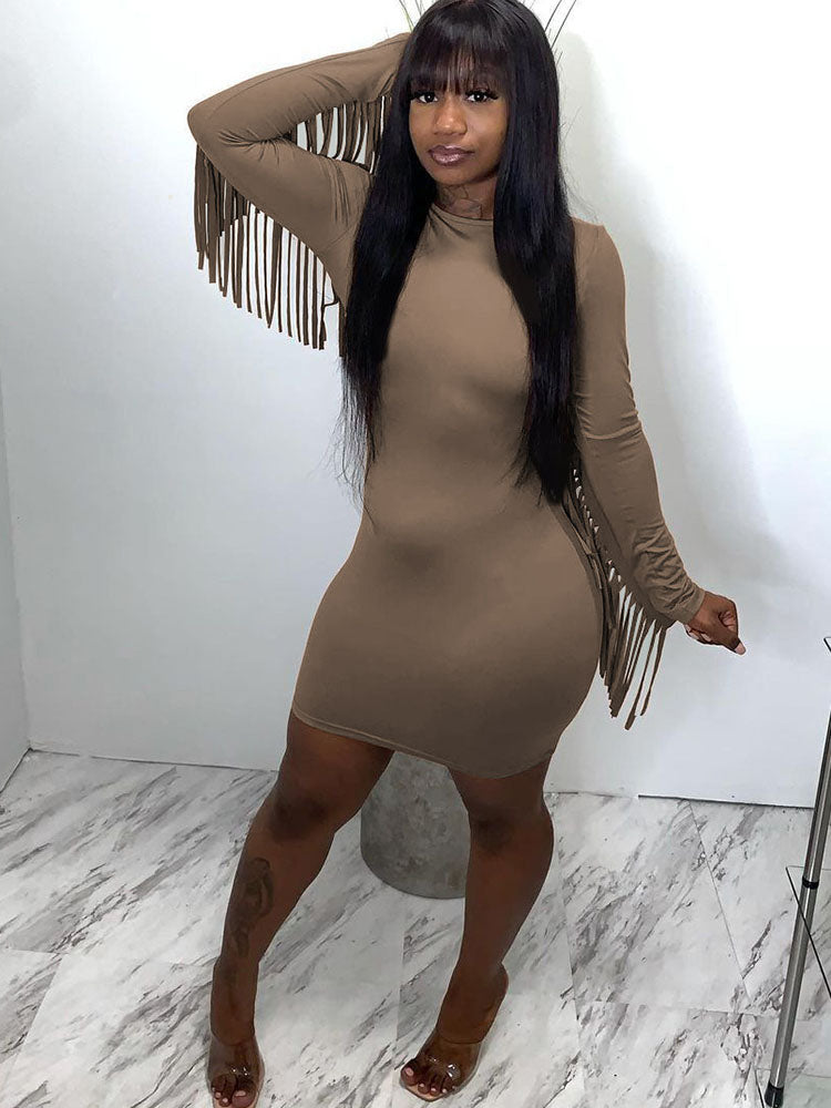 Long Sleeves Tassels Bodycon Mini Dresses Tiynon