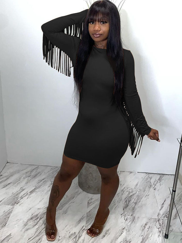 Long Sleeves Tassels Bodycon Mini Dresses Tiynon