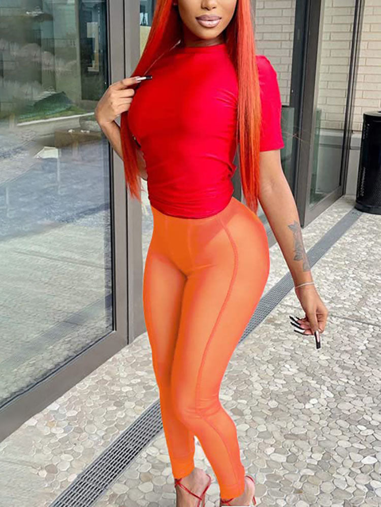 Mesh Elastic High Waist  Long Pants Tiynon