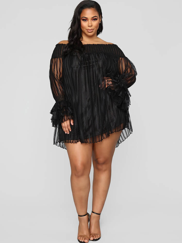 Mesh Off Shoulder Long Sleeve Mini Dresses Tiynon