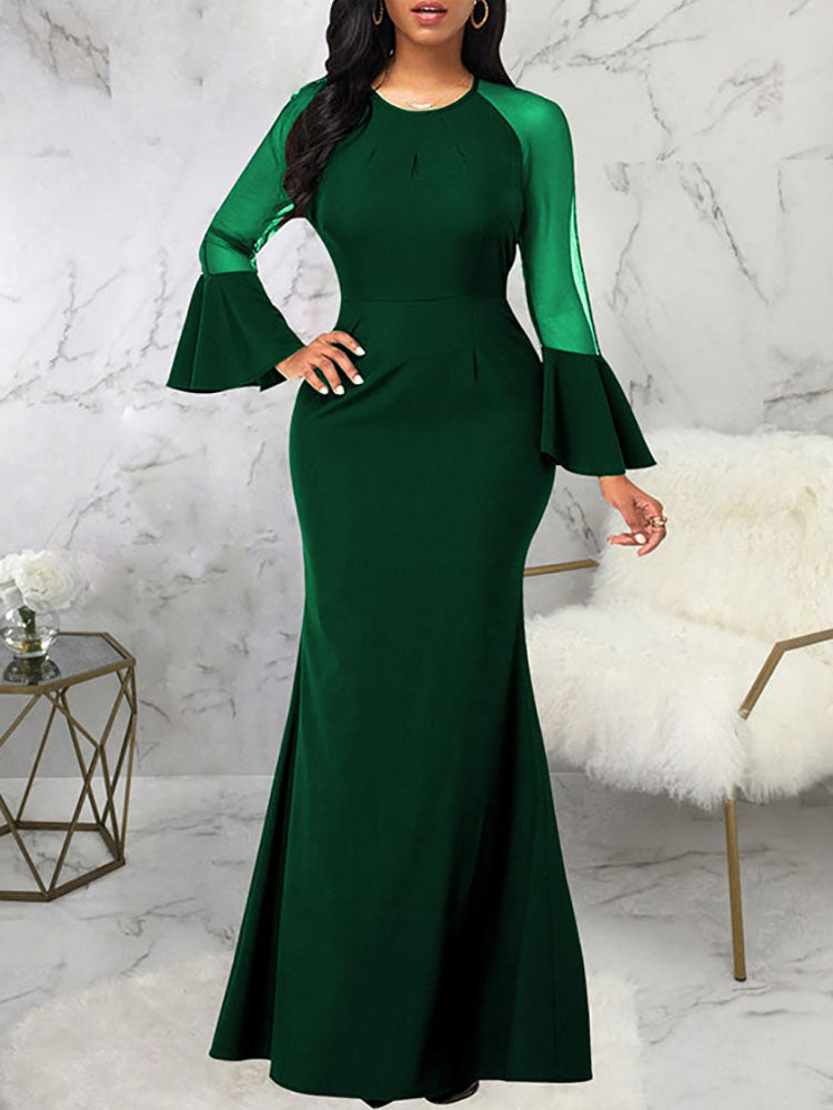 Mesh Patchwork Bell Sleeves Bodycon Maxi Dresses Tiynon