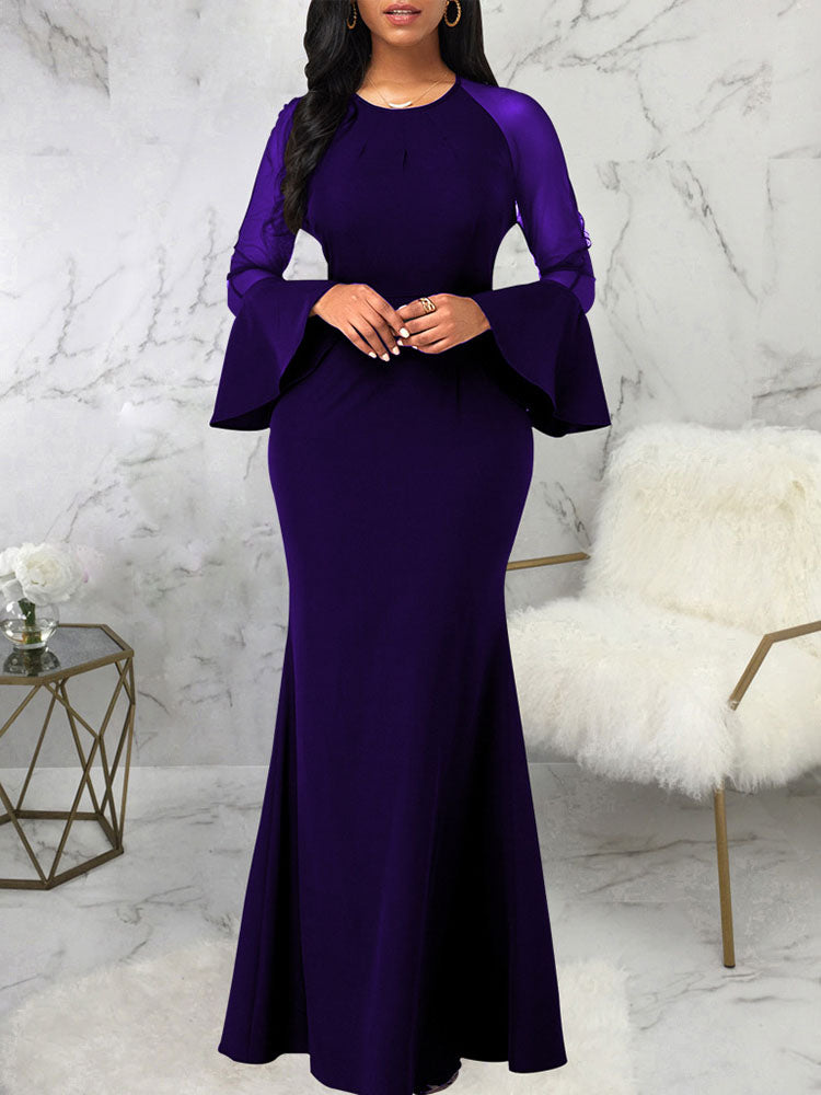 Mesh Patchwork Bell Sleeves Bodycon Maxi Dresses Tiynon