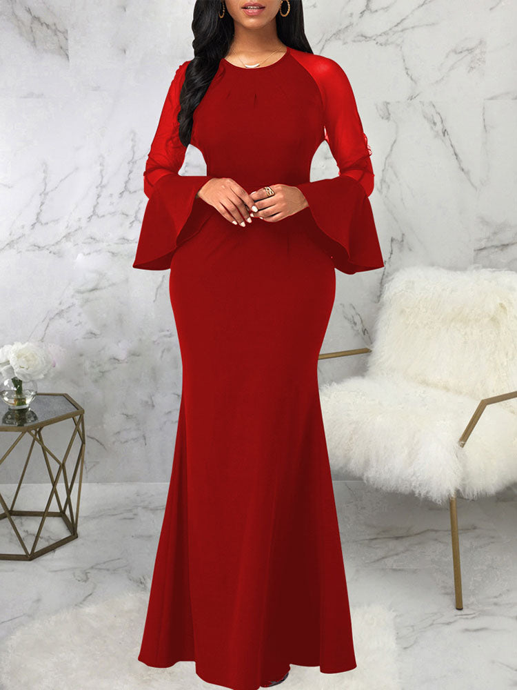 Mesh Patchwork Bell Sleeves Bodycon Maxi Dresses Tiynon