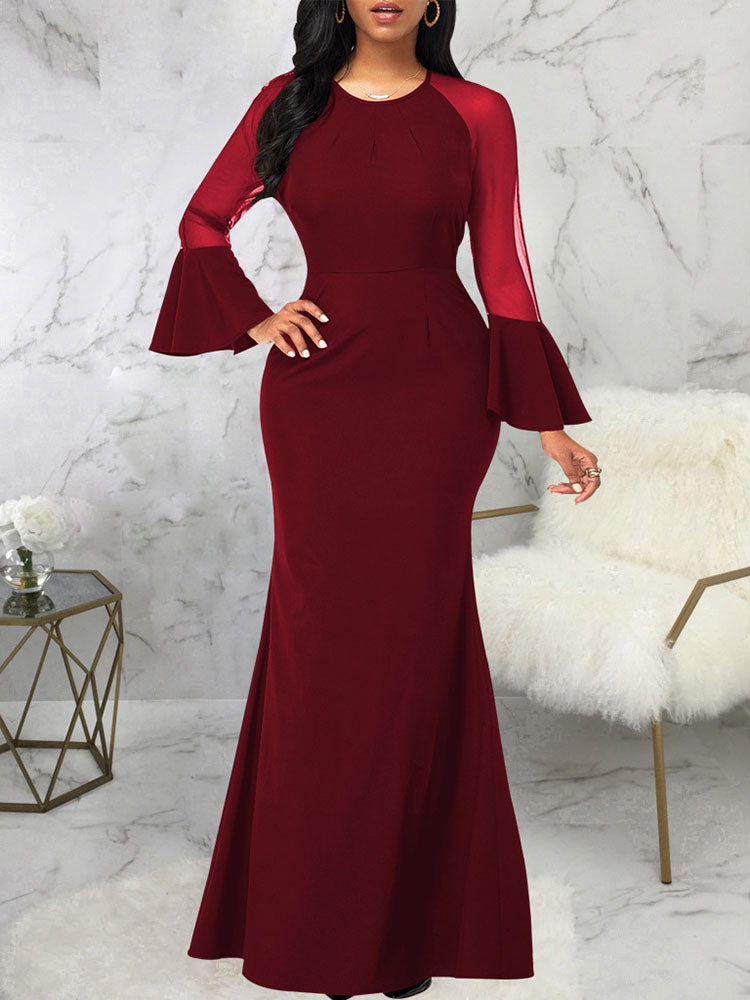 Mesh Patchwork Bell Sleeves Bodycon Maxi Dresses Tiynon