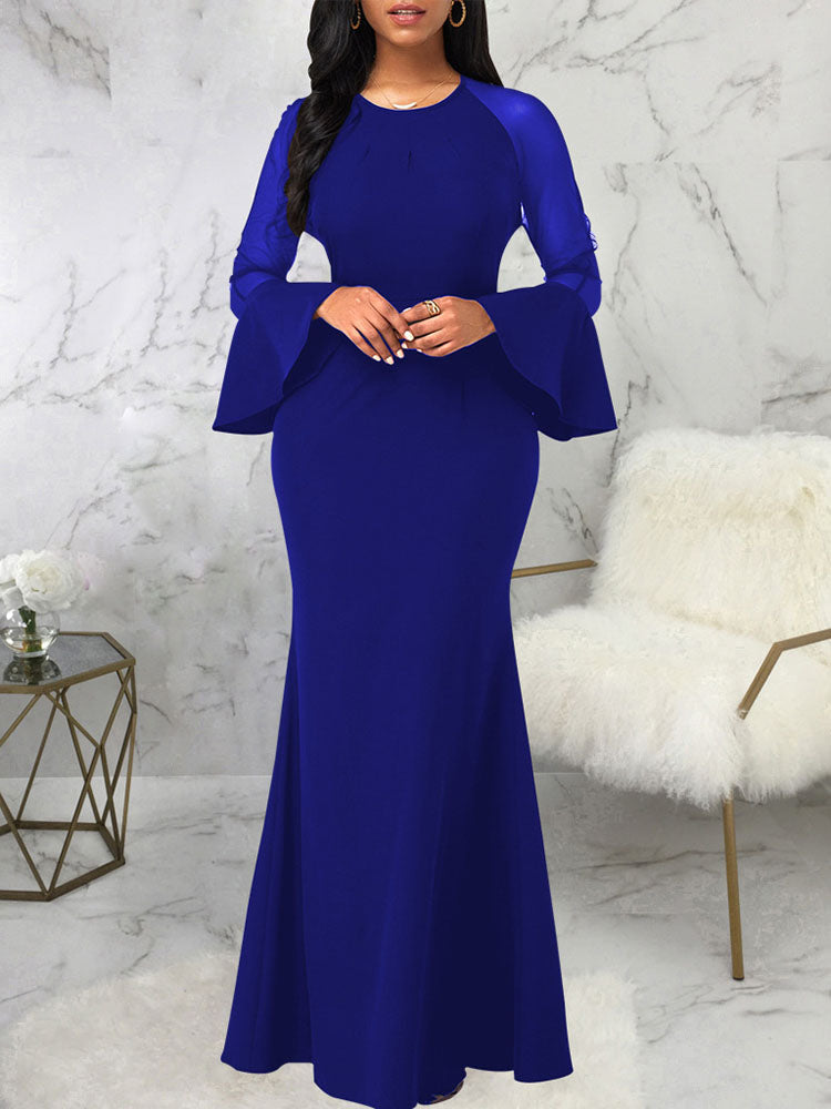 Mesh Patchwork Bell Sleeves Bodycon Maxi Dresses Tiynon