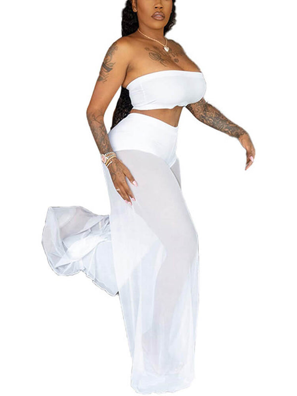 Mesh Strapless Crop Tops & Wide Leg Long Pants Tiynon