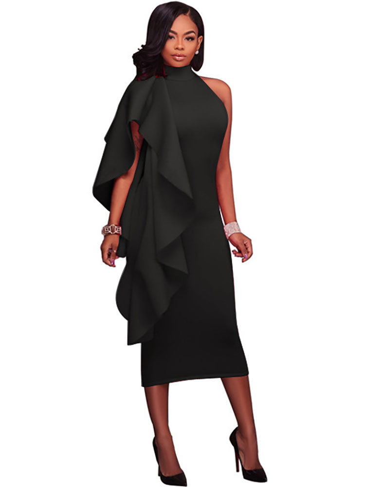 Mock Neck Sleeveless Ruffle Midi Dresses Tiynon