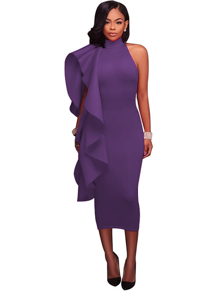 Mock Neck Sleeveless Ruffle Midi Dresses Tiynon