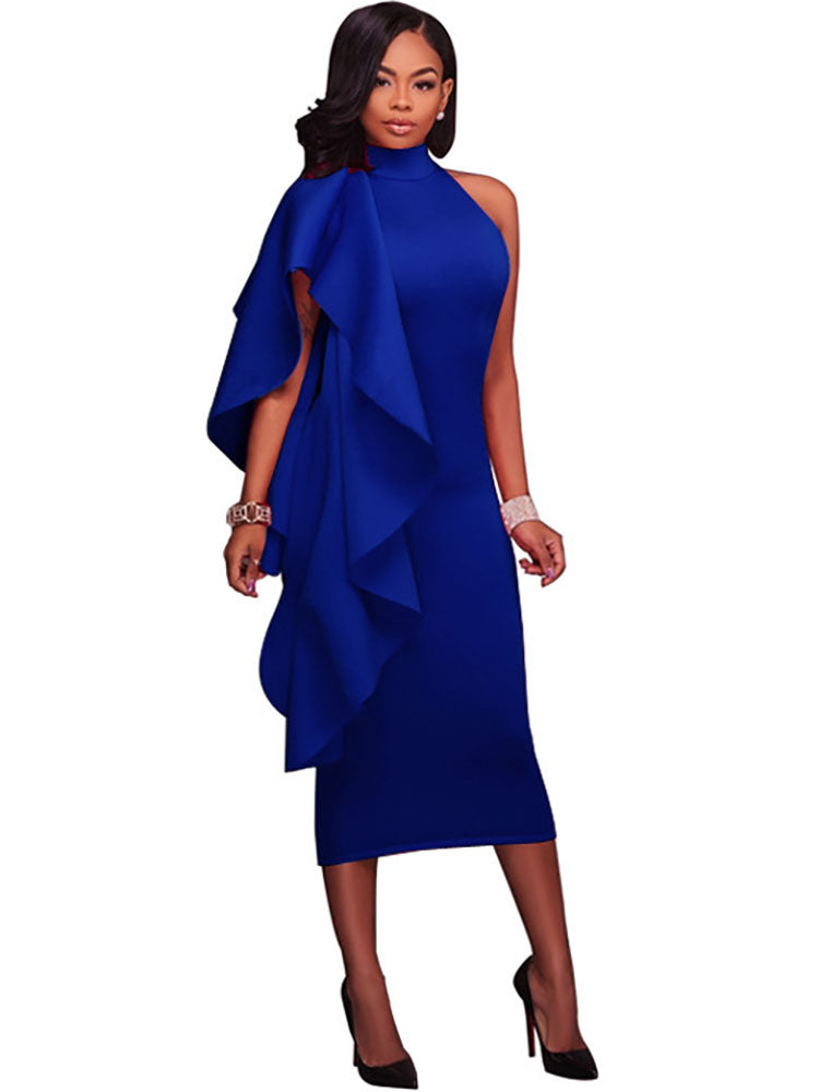 Mock Neck Sleeveless Ruffle Midi Dresses Tiynon