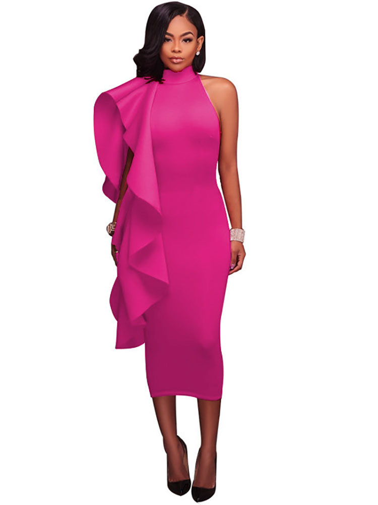 Mock Neck Sleeveless Ruffle Midi Dresses Tiynon