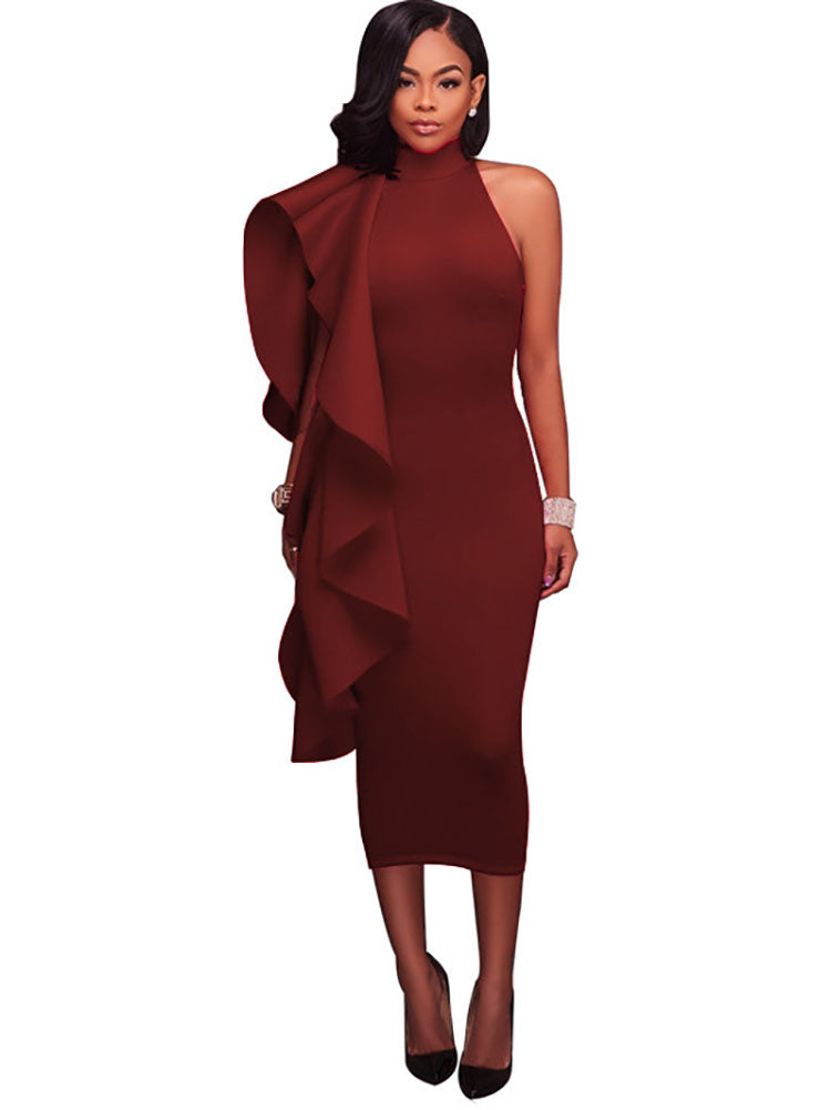 Mock Neck Sleeveless Ruffle Midi Dresses Tiynon