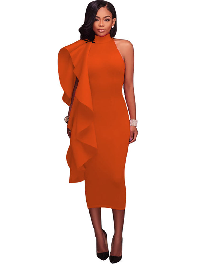 Mock Neck Sleeveless Ruffle Midi Dresses Tiynon