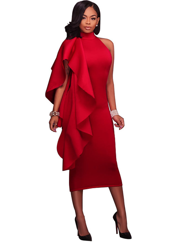 Mock Neck Sleeveless Ruffle Midi Dresses Tiynon