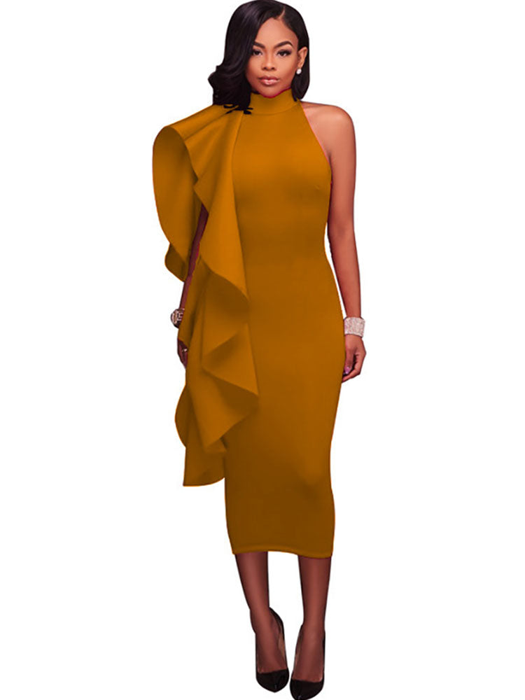 Mock Neck Sleeveless Ruffle Midi Dresses Tiynon