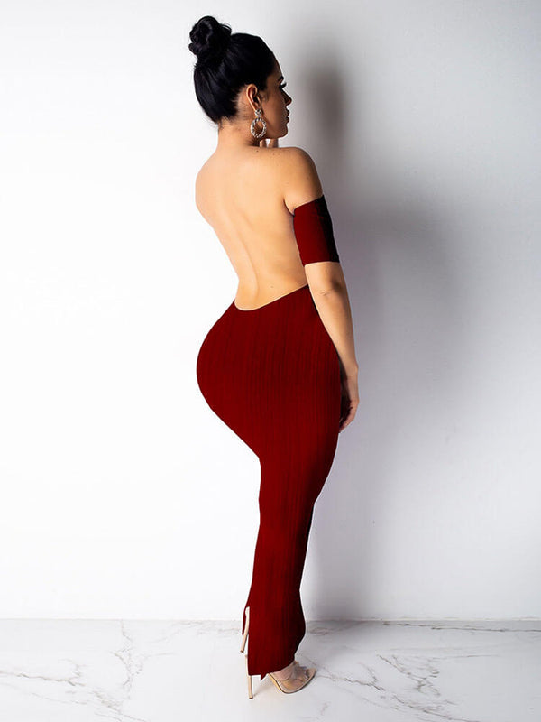 Off Shoulder Backless Rib Sheath Bodycon Maxi Dresses Tiynon