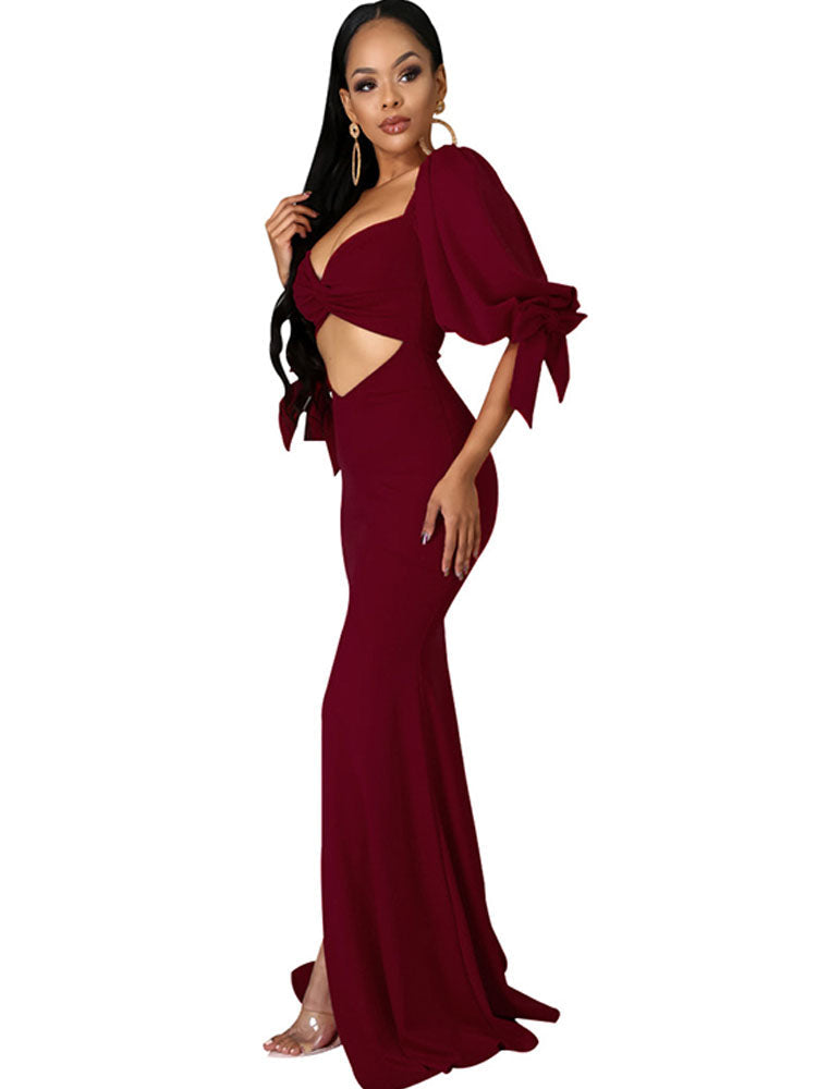 Off Shoulder Cut Out Split Maxi Dresses Tiynon