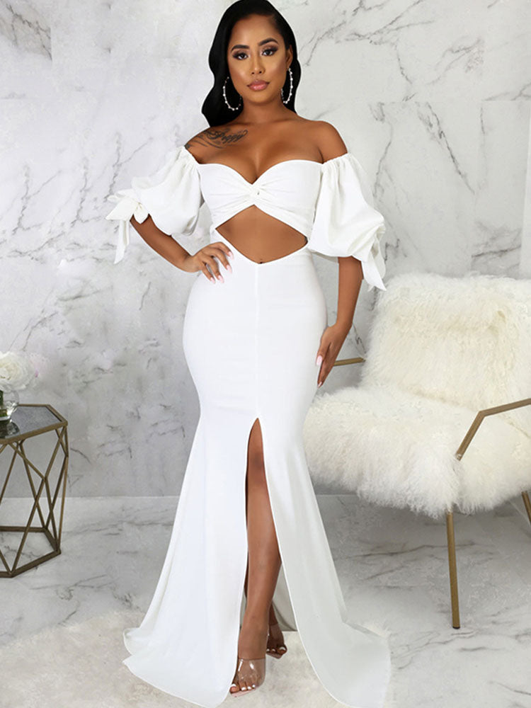 Off Shoulder Cut Out Split Maxi Dresses Tiynon