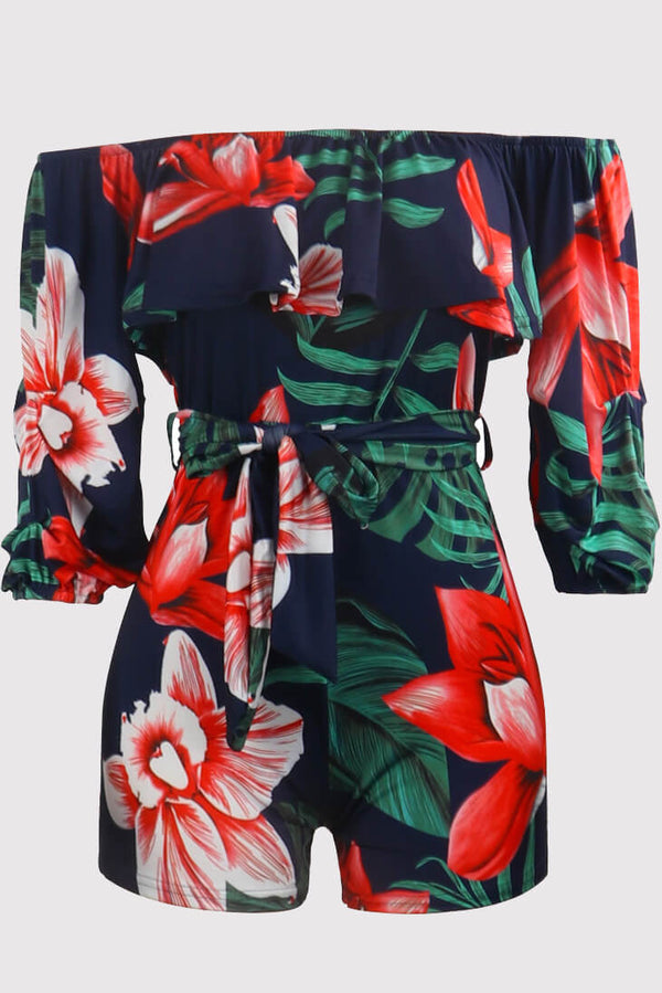 Off Shoulder Floral Rainbow Short Jumpsuits Tiynon