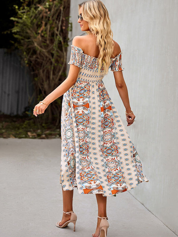 Off Shoulder High Waist Flowy Midi Dresses Tiynon